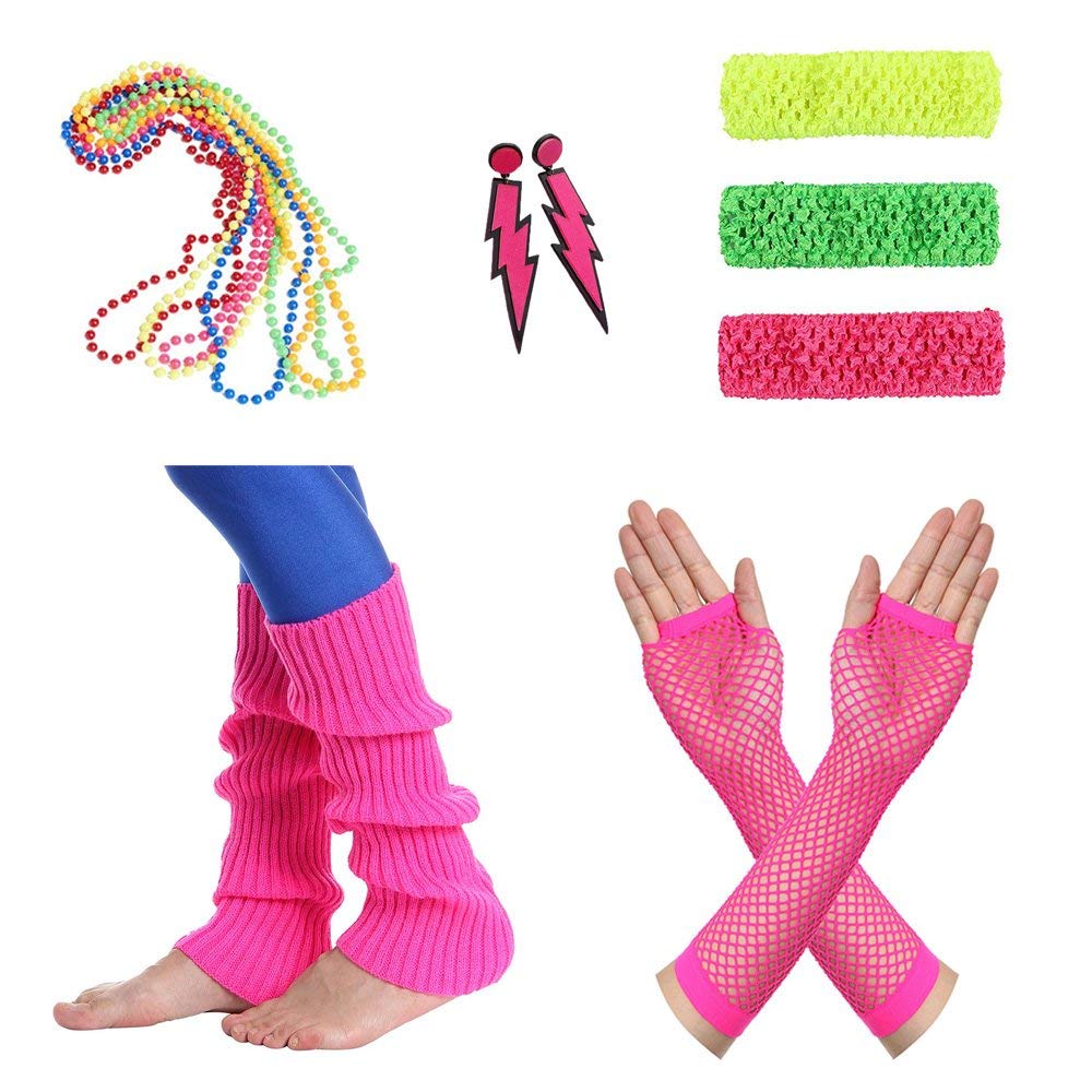 Amaza 80s Womens Fancy Outfit Costume Accessories Necklaces Earrings Headbands Gloves Legwarmers (Multicoloured)