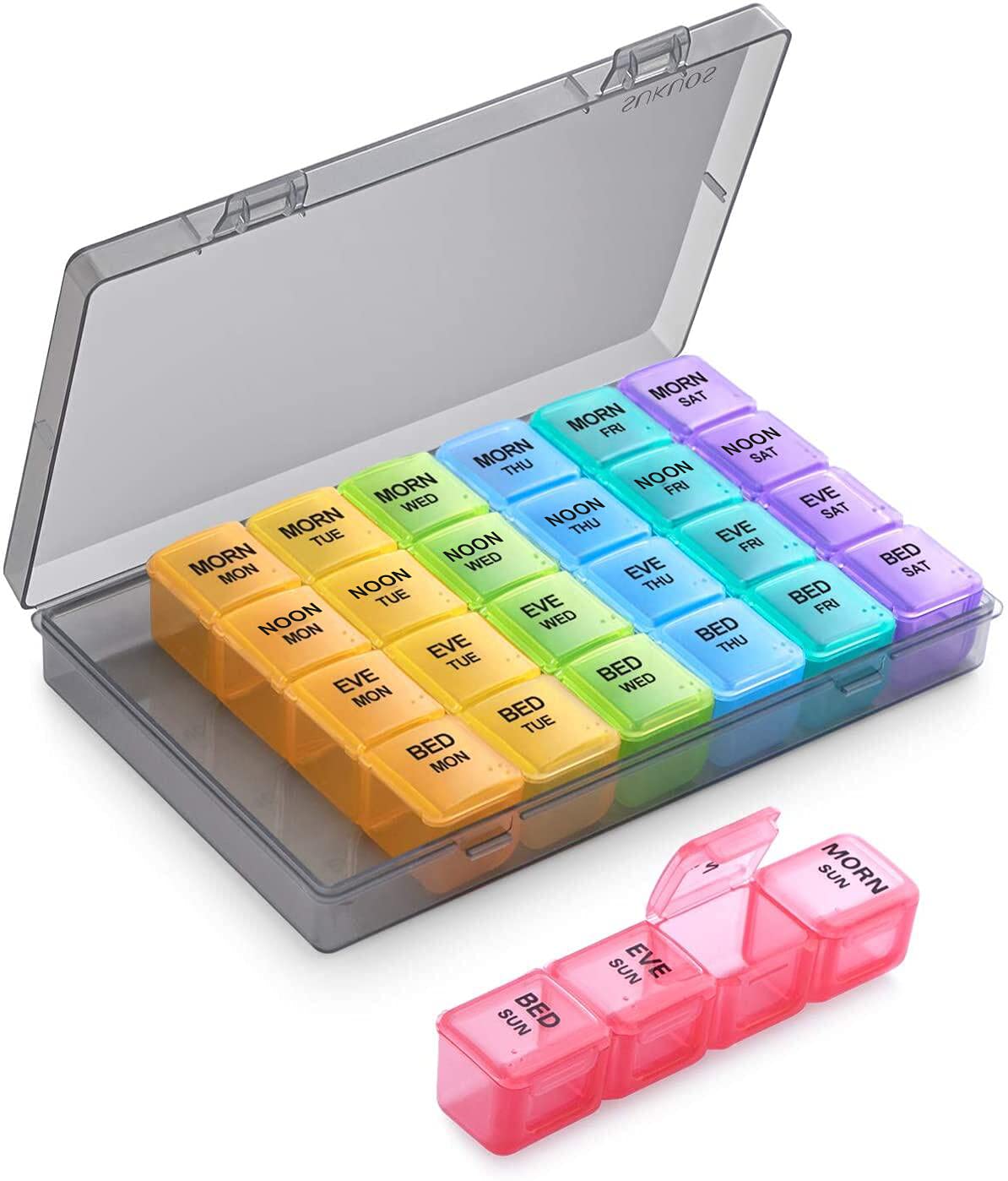 SUKUOS Pill Box 4 Times a Day Travel Pill Case 7 Day Weekly Organiser Medication Dispenser Reminder BPA Free