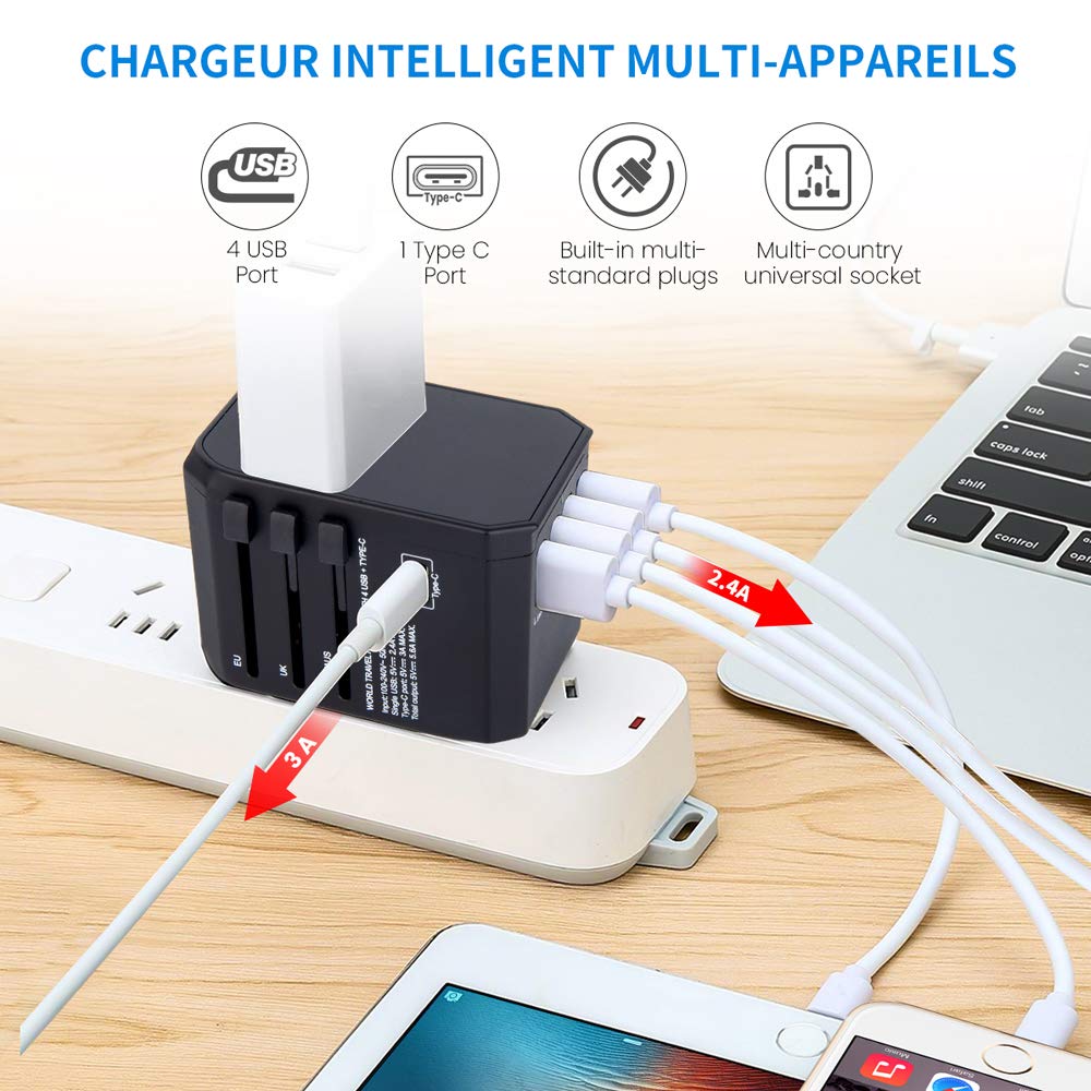 Travel Plug Universal Travel Adapter, International Plug Power Adapter with 5.6A Smart Multi USB + 3.0A Type-C + Universal AC Socket, Worldwide All-In-One Travel Adapter for 180+ Countries(Black)