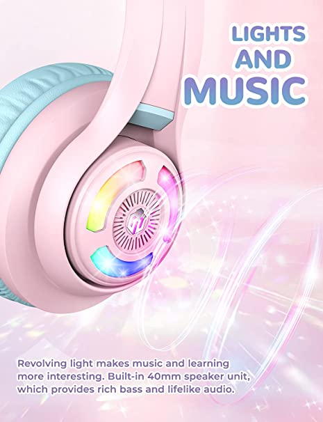 Bluetooth Kids Headphones, iClever BTH13 Cat Ear LED Light Up Kids Wireless Headphones, 45H Playtime, 74/85/94dB Volume Limiting Children Headphones with Microphone Over Ear for School/Tablet/PC