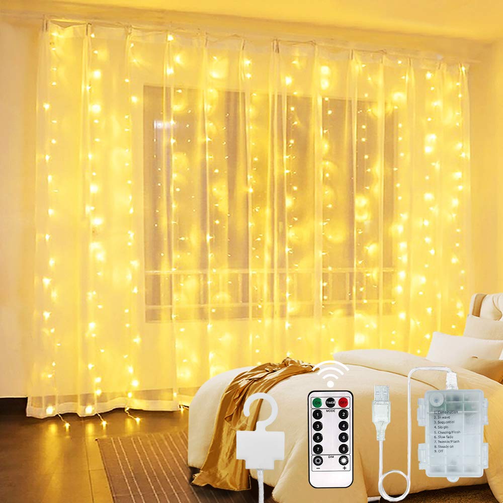 300 LED Curtain Fairy Lights Indoor - 3M*3M USB & Battery Powered Curtain Lights Decorative Curtain String Lights Waterproof Outdoor Lights with 8 Modes for Window Bedroom Christmas Party Garden.