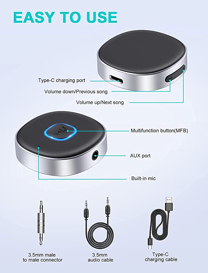 2022 version] Bluetooth Aux Receiver for Car, Portable 3.5mm Aux