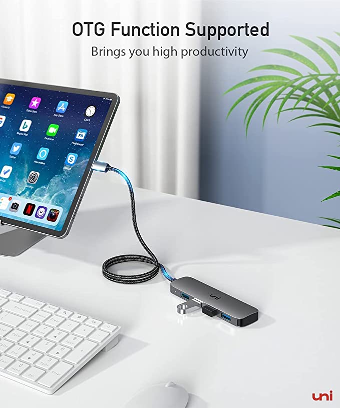 uni USB C Hub,Thunderbolt 3 to 4 USB 3.0 Ports with 4FT Long Cord, Aluminum USB C Multiport Adapter for MacBook Pro/Air 2020/2019, iPad Pro, Dell, HP Pavilion Desktop and More