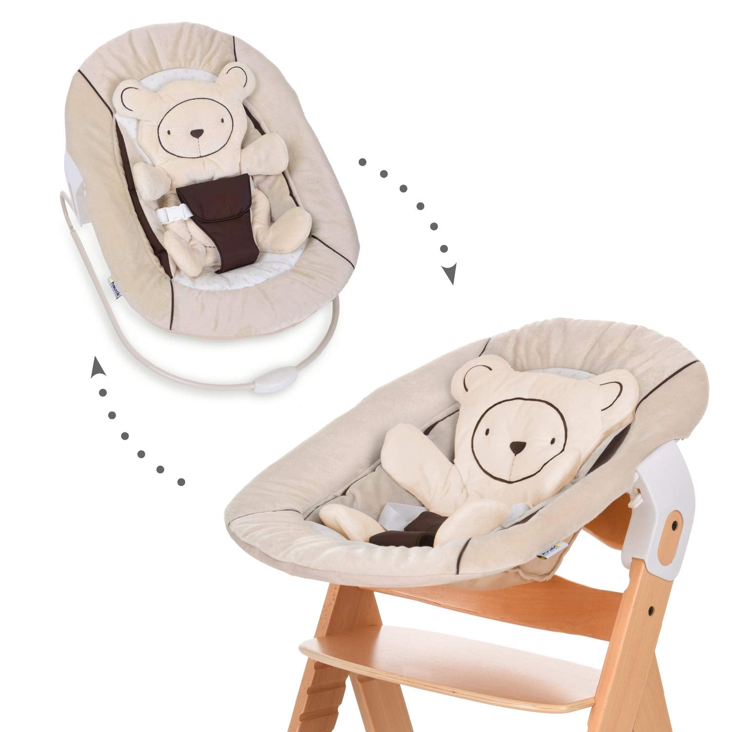 Hauck Alpha Bouncer 2-in-1 Newborn Set, Cosy Baby Rocker from Birth, Compatible with Hauck Wooden Grow-Along High Chair Alpha+, Beta+, Seat Minimizer, Hearts Beige