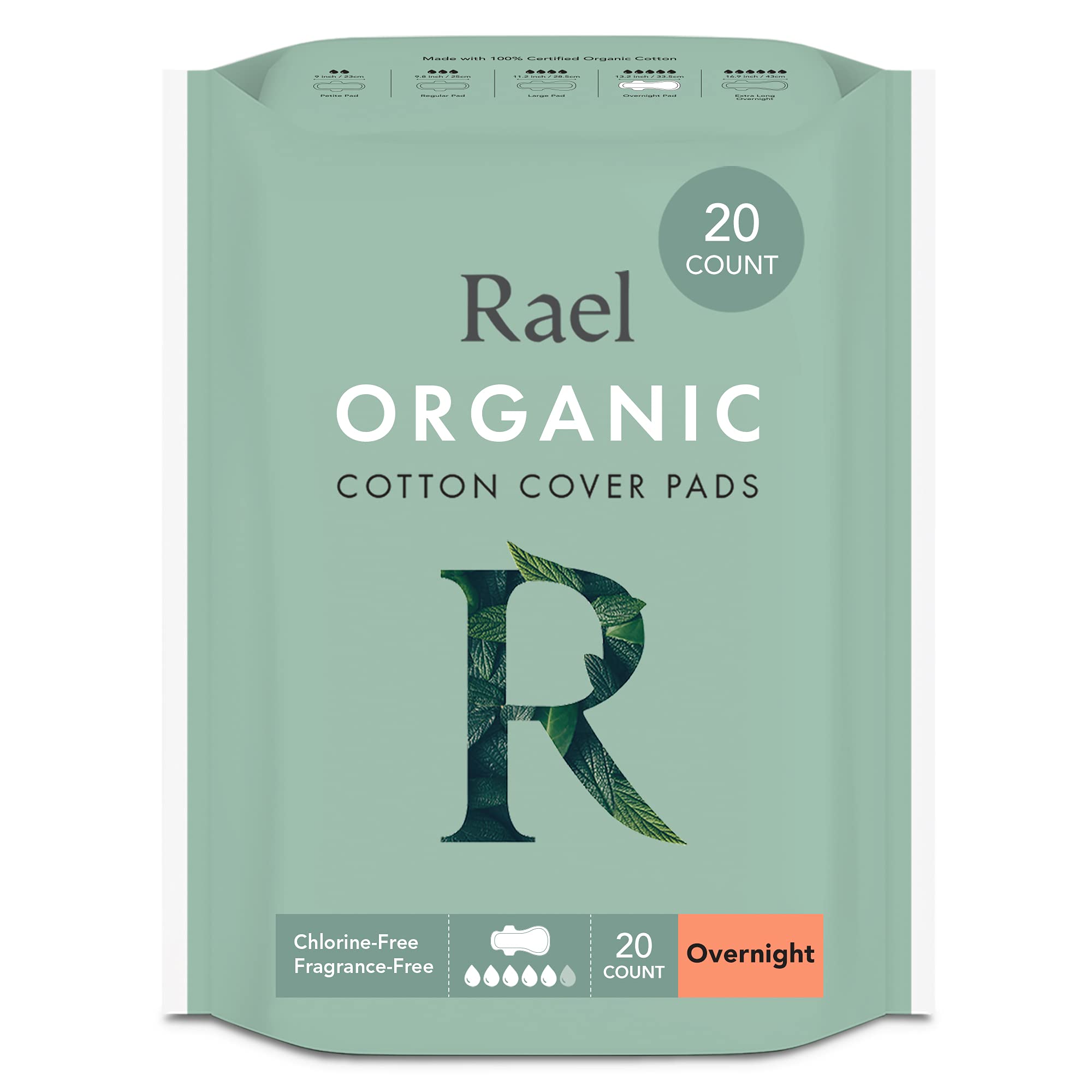 Rael Organic Cotton Cover Pads - Heavy Absorbency, Unscented, Ultra Thin Pads with Wings for Women (Overnight, 20 Count)