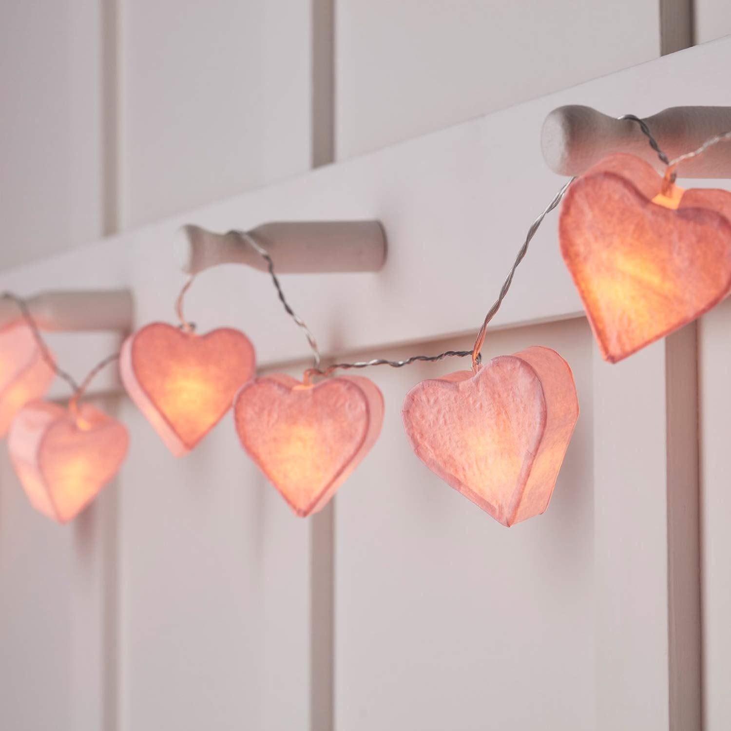 Lights4fun Pink Paper Lantern Heart String Fairy Lights Nursery Bedroom Decoration 10 Warm White LEDs Battery Operated with Timer 1.8m