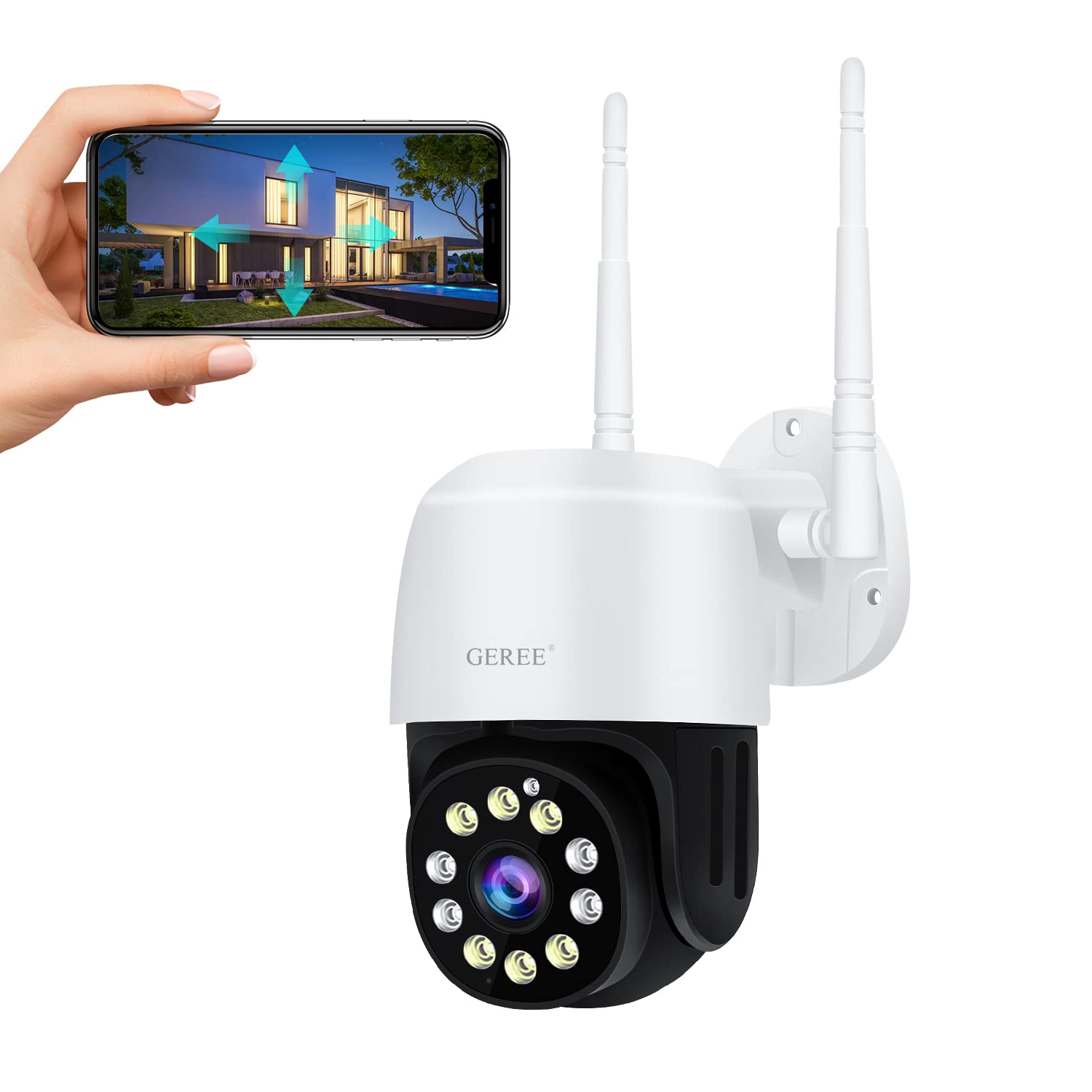 CCTV Camera with Color Night Vision, GEREE 1080P PTZ Security Camera Outdoor Wifi IP Camera Home Security with 355°Pan 110°Tilt Auto Tracking Motion Detection Two-way Audio