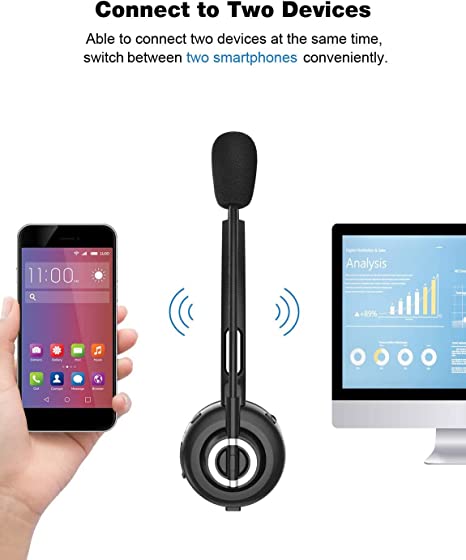 Bluetooth Headset with Microphone, V5.0 Car Wireless Headset with Mic Noise Canceling, 18hr Talktime Headset with Standing Dock, Bluetooth Headphone for Cell Phone/Laptop/Trucker Driver
