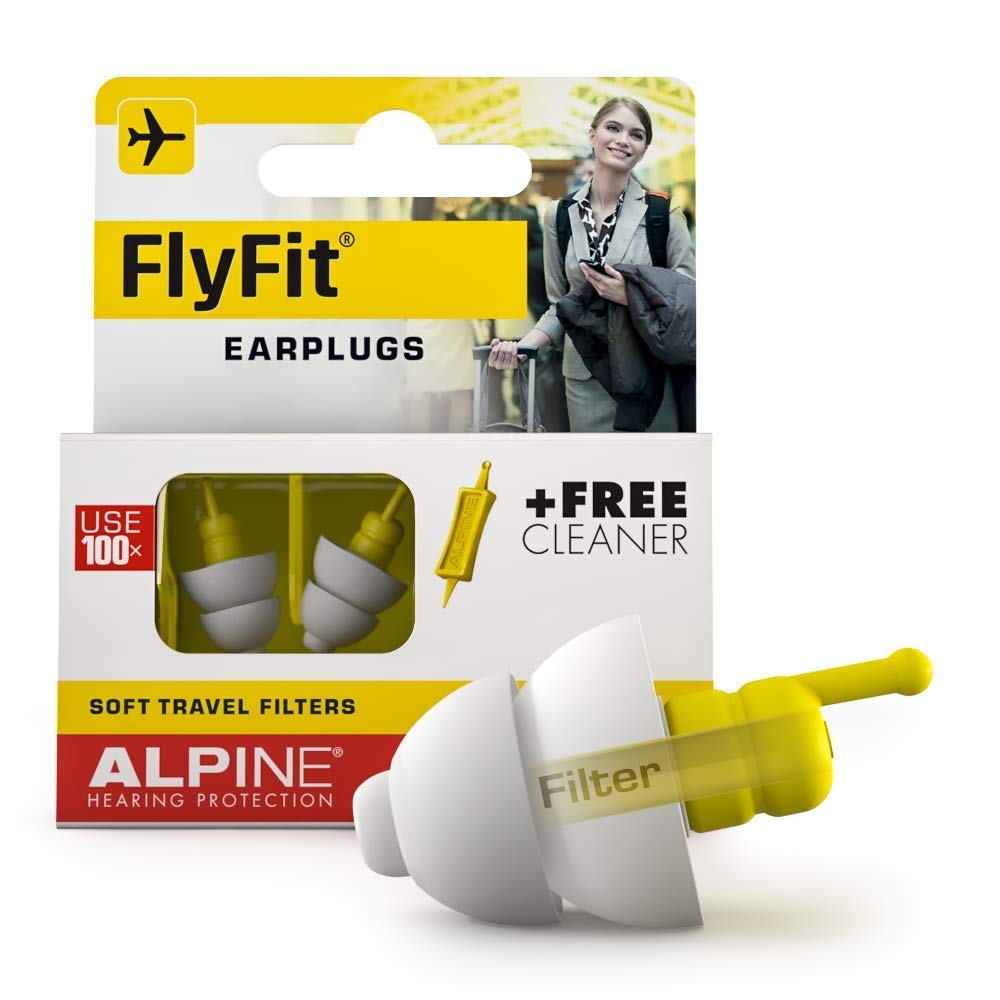 Alpine FlyFit Ear Plugs - Regulates air Pressure to Prevent Eardrum Pain - Soft Filters Designed for Travel - Comfortable Hypoallergenic Material - Reusable earplugs