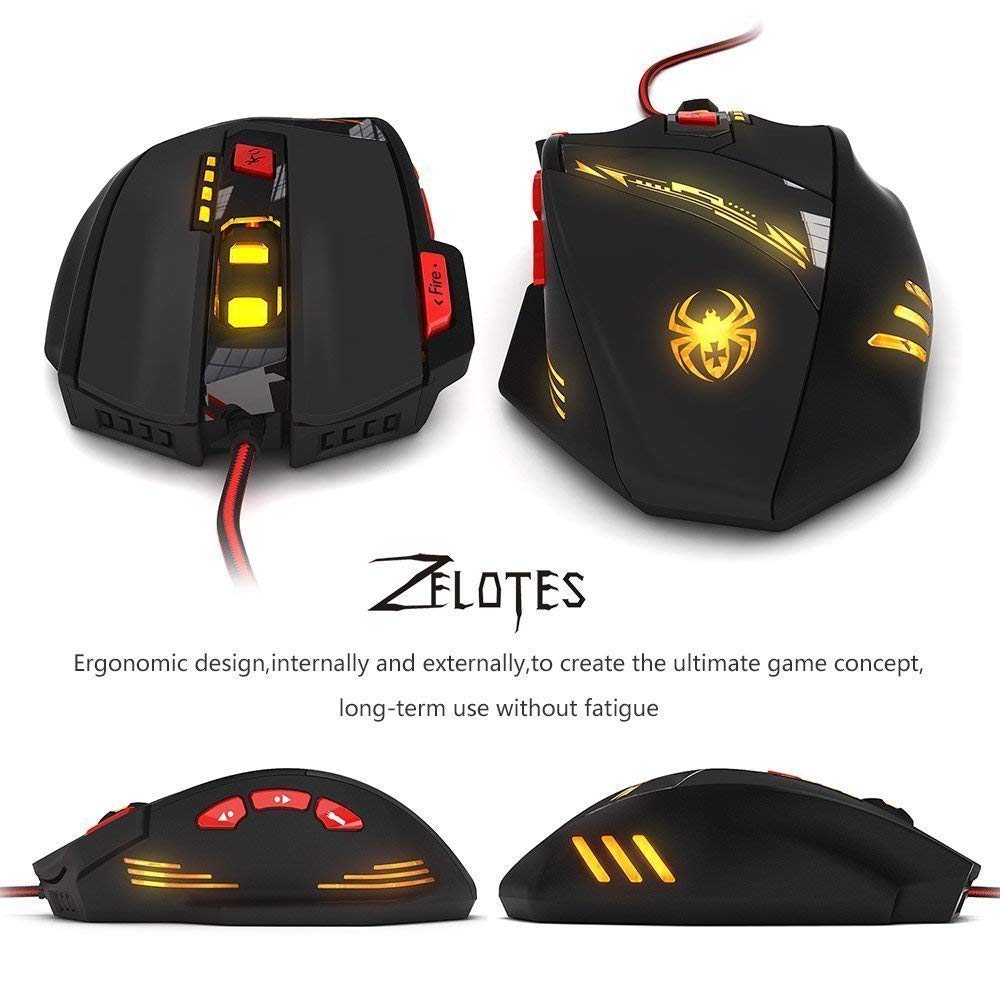 Zelotes T90 Gaming Mouse 9200 DPI, 8 Buttons Multi-Modes LED lights USB Gaming Mice, Weight Tuning for Laptop, Desktop, PC, Macbook - Black