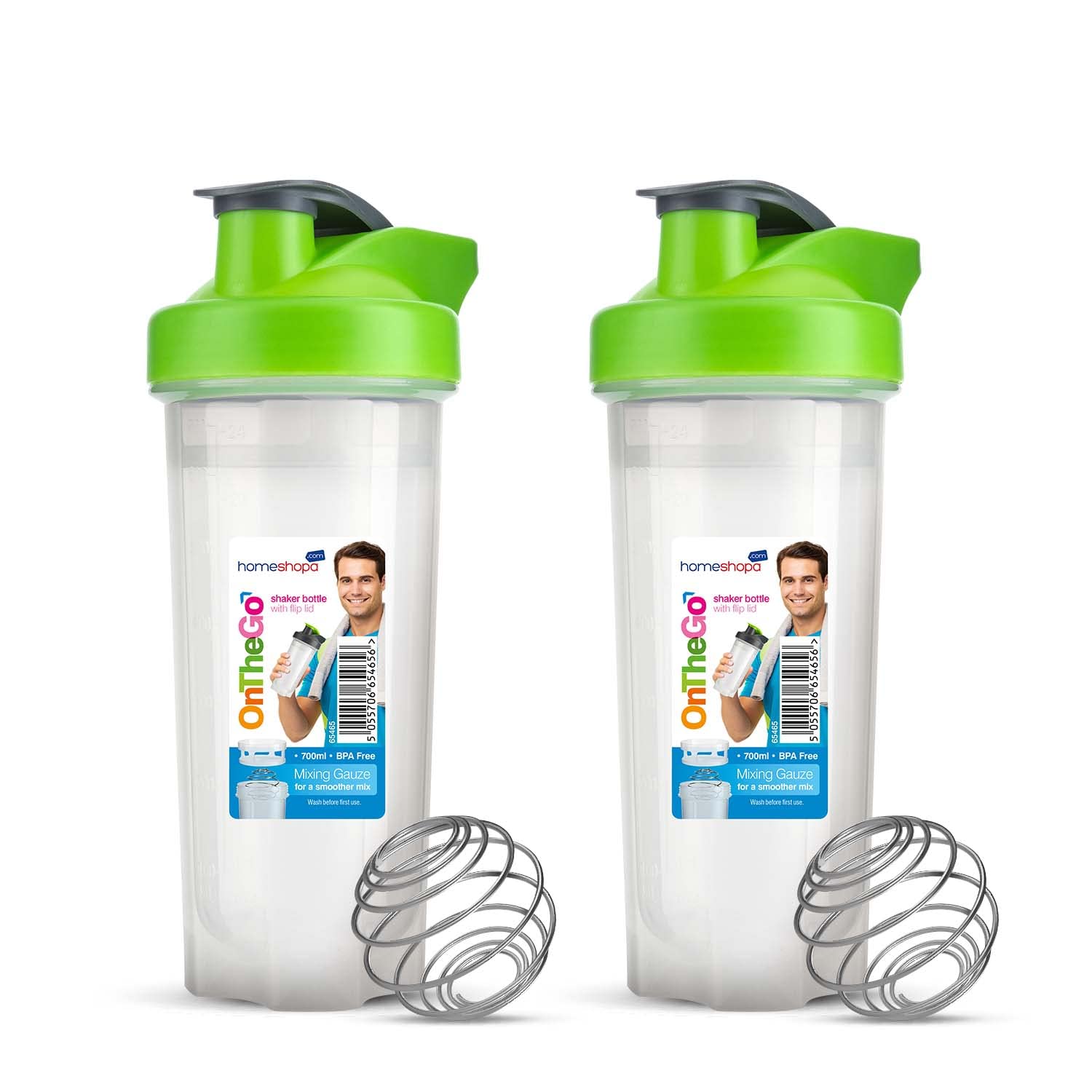 HOMESHOPA Protein Powder Shaker Bottles 700ml,Sports Water Bottle, BPA Free Leakproof, Snap-Lock Closure, Blender Bottle with Mixer Ball, Perfect for Protein Shakes, Nutrition & Smoothies-Pack of 2