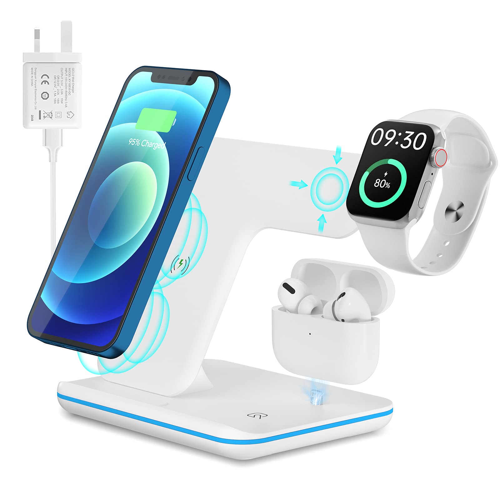Wireless Charger, 15W Fast Charging Station 3 in 1 Charging Dock Compatible with Apple iPhone Series Apple Watch 2/3/4/5 Series AirPods, Fast Charger for Samsung Huawei Qi Compatible Phones(White)