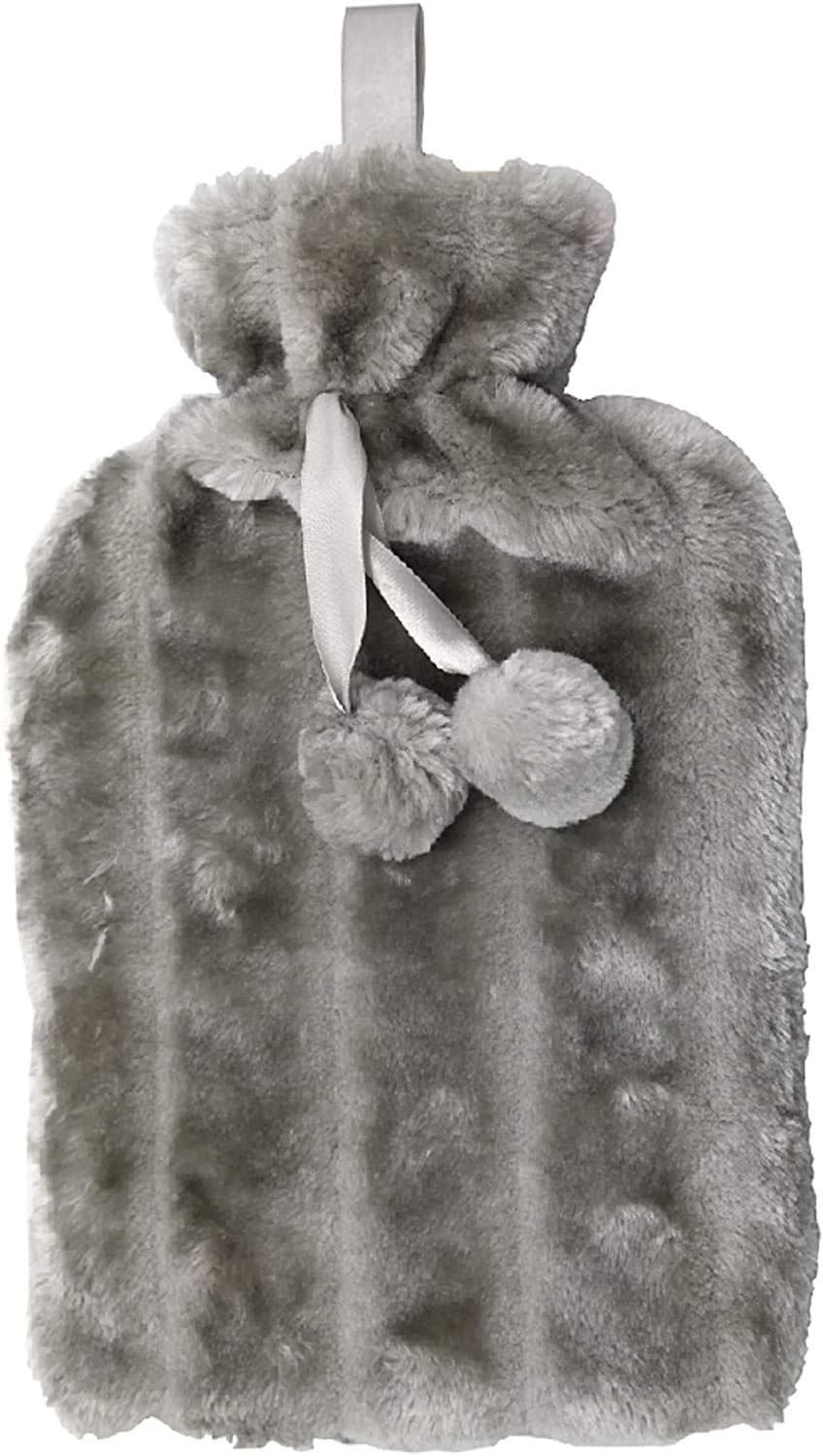 ARMA RAM Online Cosy 2 Litre Large Hot Water Bottle with Faux Fur Cover and Pom Poms Charcoal, Grey, 2 g, 85