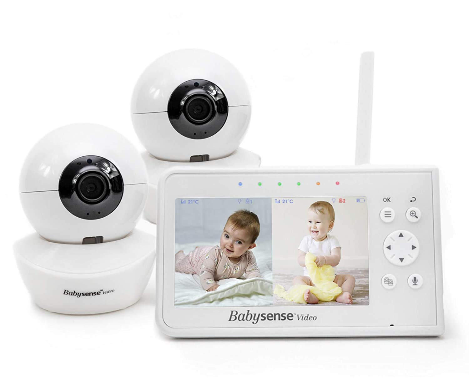 Babysense Video Baby Monitor, 4.3 Inch Split Screen with Two Cameras and Audio, Remote Pan & Tilt, 300m Range (Open Space), Adjustable Night Light, Two-Way Audio, Zoom, Night Vision, Lullabies