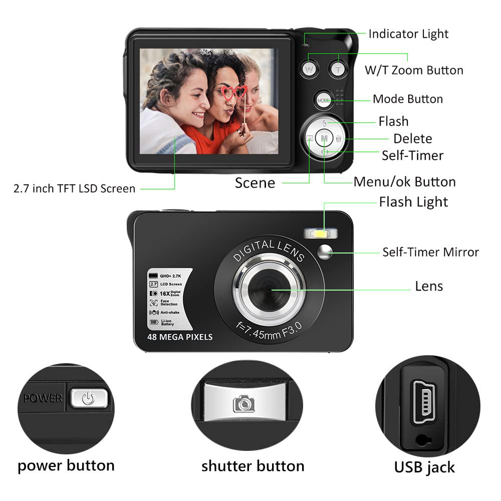 Digital Camera 2.7 Inch 2.7K 48 Mega Pixels HD Vlogging Camera Rechargeable Digital Cameras with 16x Zoom Compact Camera for Beginner Photography with 32GB SD Card and 2 Batteries（Black）