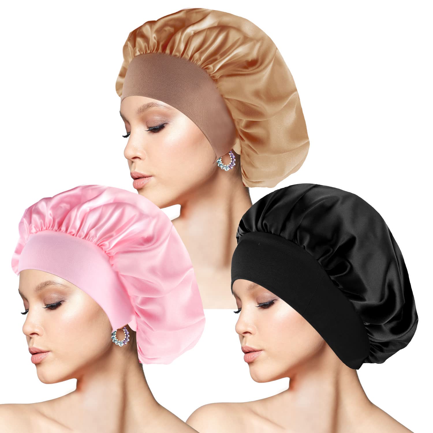 3 Pcs Satin Bonnet, Bonnet for Sleeping with Wide Elastic Band Sleep Cap Bonnet Hat Satin Cap Soft Night Sleep Hat for Women Braid Curly Natural Hair Protection Head Cover（Diameter 12 In）