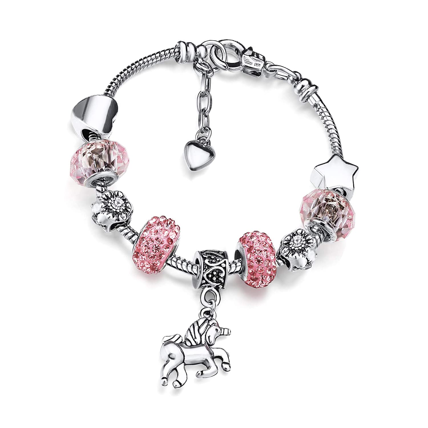 BaiJ Unicorn Girls Bracelets,Girls Magical Sparkly Pink Crystal Charm Bracelet for Kids Birthday Gifts Children Jewellery Presents Ancient Silver and Rhinestones 6-12 Years Old, white, One Size, 443