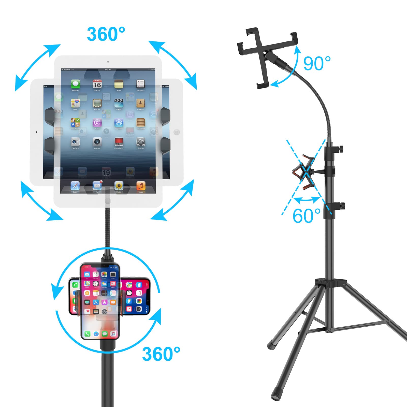 Ipad Tripod Stand,Gooseneck 63-inch Floor Stand for Tablet, iPad Floor Stand with 360° Rotating iPad Tripod Mount for iPhone iPad Mini, iPad Air, iPad Pro and All 4.7-12.9 Inch Tablets