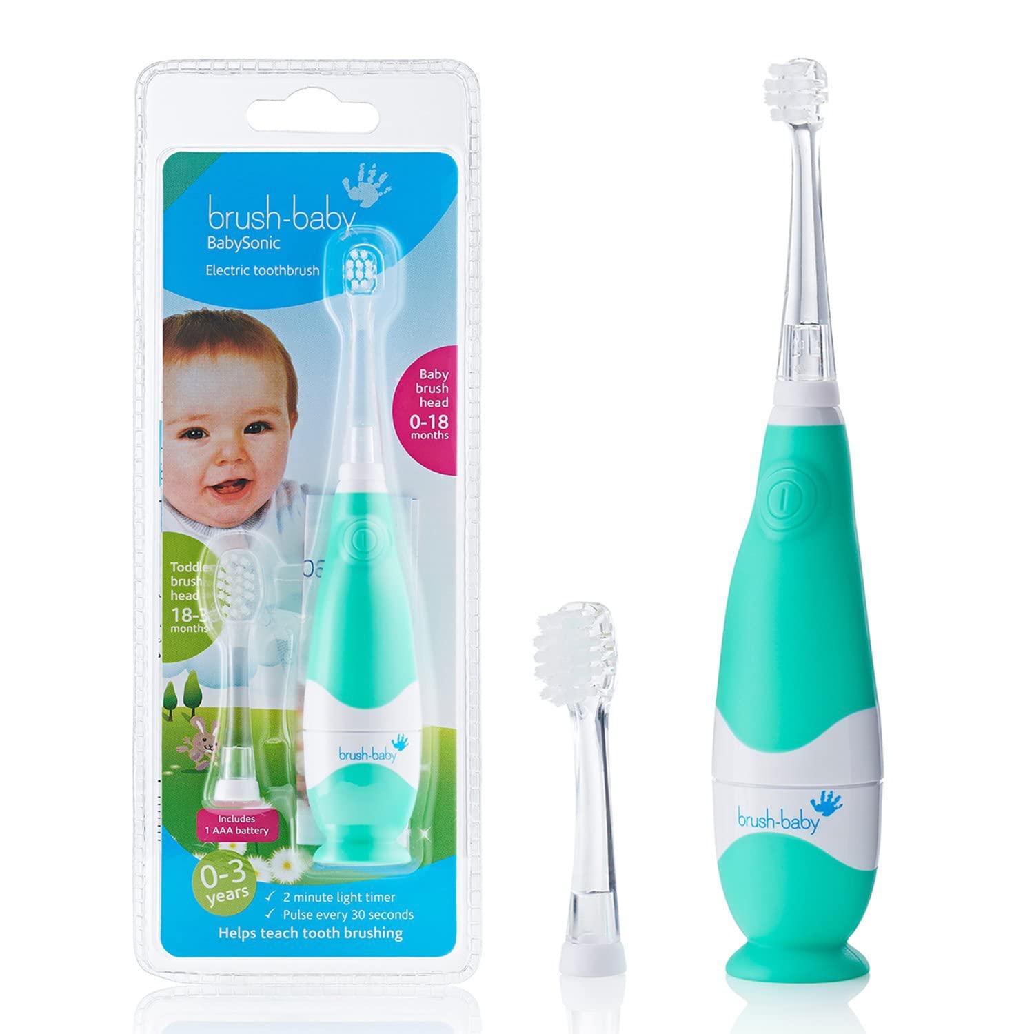 Brush-Baby BabySonic Kids Electric Toothbrush, Stage 2-First Teeth, 0-36 Months, LED Light, Soft Vibrations, 2-min Timer & Sucker Base, Teal, Includes 2 Brush Heads & 1 AAA Battery