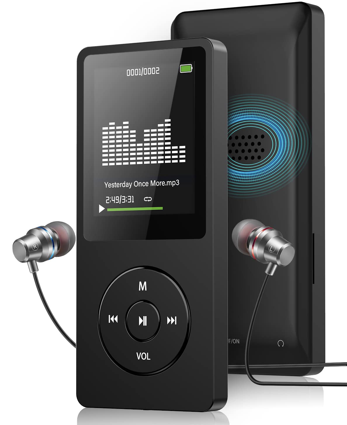 64GB MP3 Player with FM Radio and Voice Recorder, Ultra Slim Music Player with Video Play Text Reading and Build-in Speaker Support up to 128GB, Earphone Included (Black)