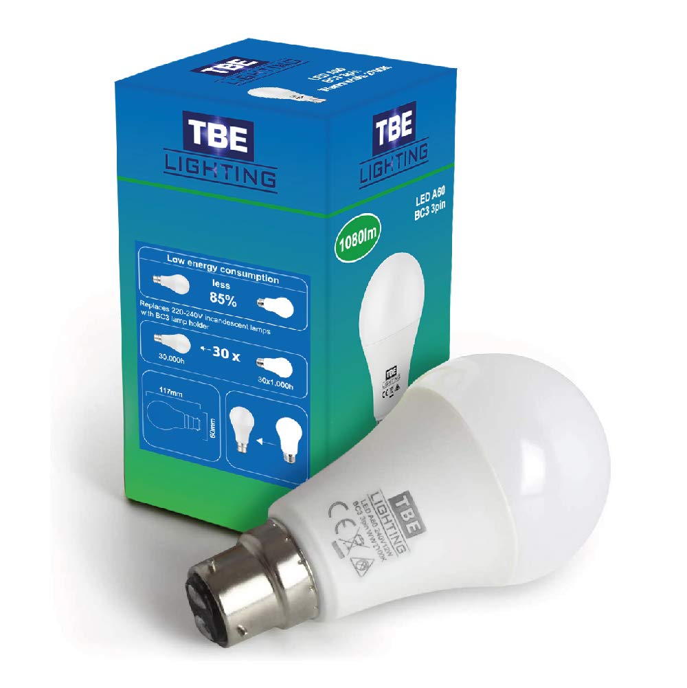 TBE Lighting BC3 3 PIN LED Bulb - 12w Non-DIMMABLE Energy Saving LED A60 Bulb - Warm White 2700K, 1100 Lumen Output, 20,000Hrs Life Expectancy