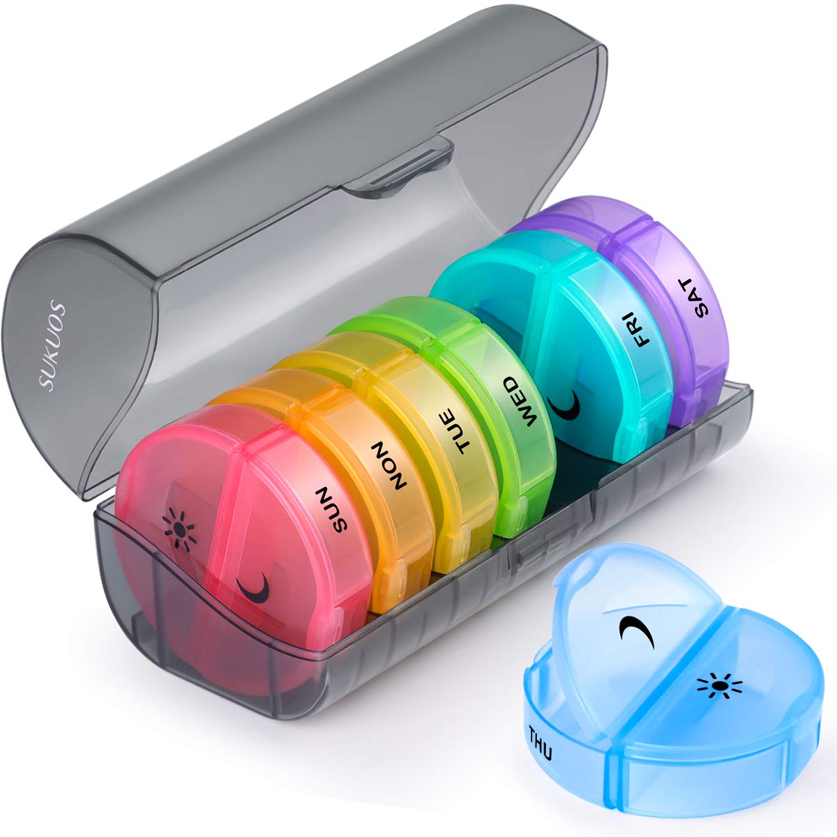 SUKUOS Pill Box Organiser 2 Times a Day, Travel Pill Case 7 Day AM PM Weekly, BPA Free Medicine Storage Box for Pills, Vitamin, Medication and Tablets (Rainbow)