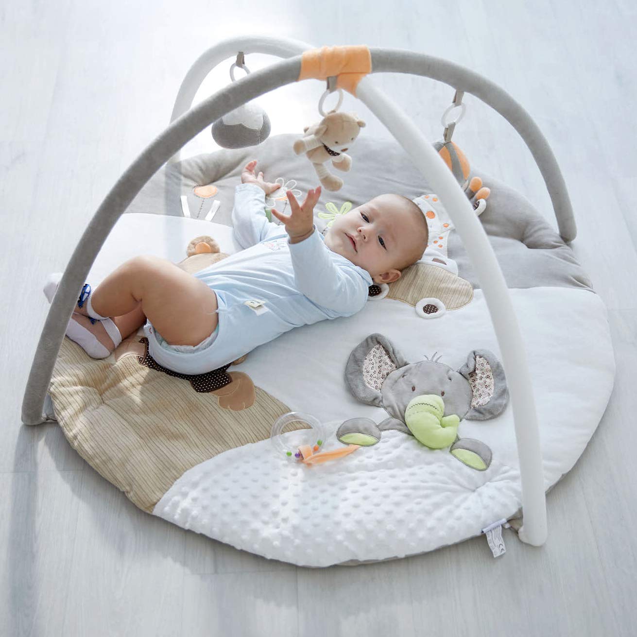 MiniDream Jumbo Baby Play Gym, Playmat for Baby with Three Detachable Toys, Music, Rattle and Baby Safe Mirror, Baby Sensory Tool Padded with Machine Washable Soft Velvet for Infants and Newborn