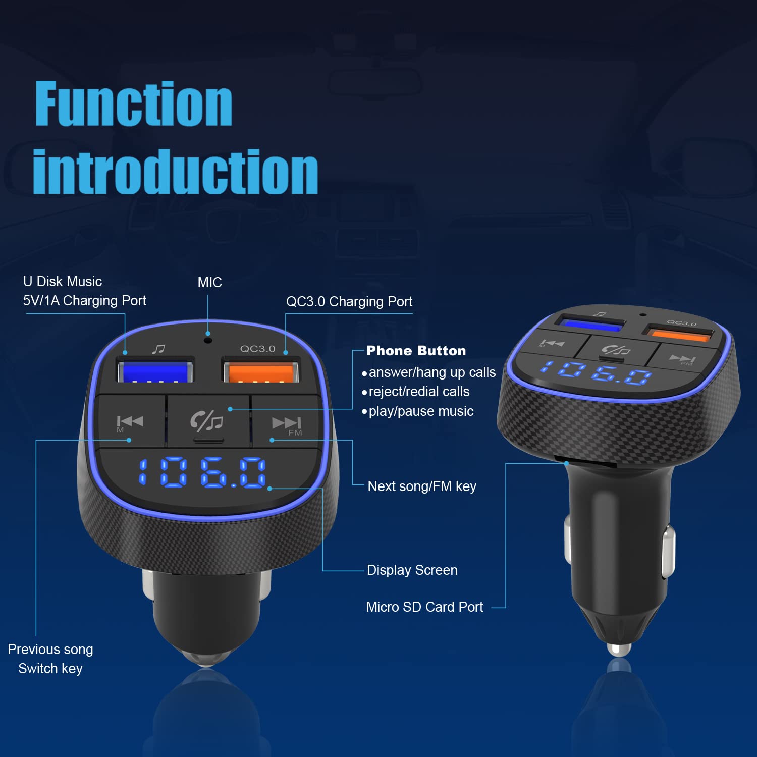 Bluetooth FM Transmitter, Car Radio Audio Adapter with Dual USB Charge Port, MP3 Player Car Charger Support Hands-free Calling, USB Drive, SD Card