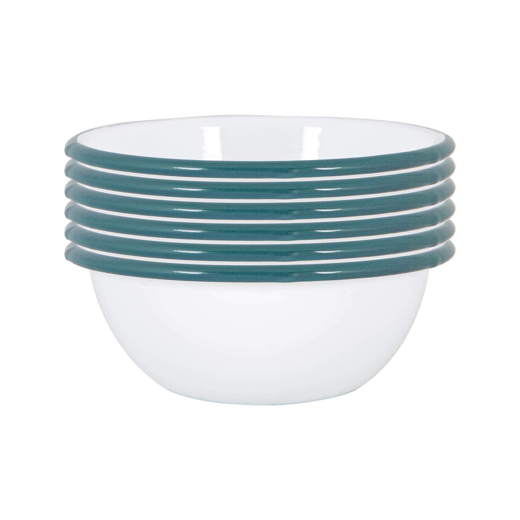 Argon Tableware White Enamel Bowls - Metal Outdoor Camping Food Dishes - 16cm - Green - Pack of 6