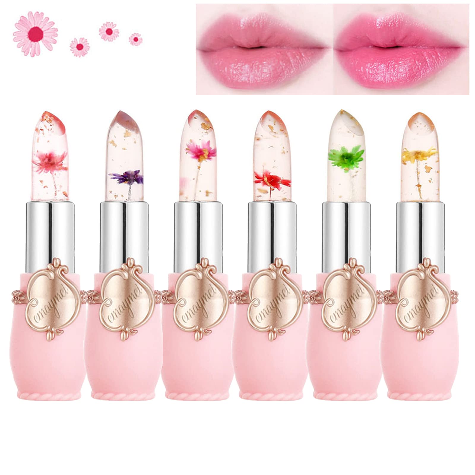 Btspring Clear Flower Jelly Lipstick, 6 Packs Nutritious Moisturizer Lip Balm Temperature Color Change Lipstick Matte Long Lasting Lip Gloss (Pink)