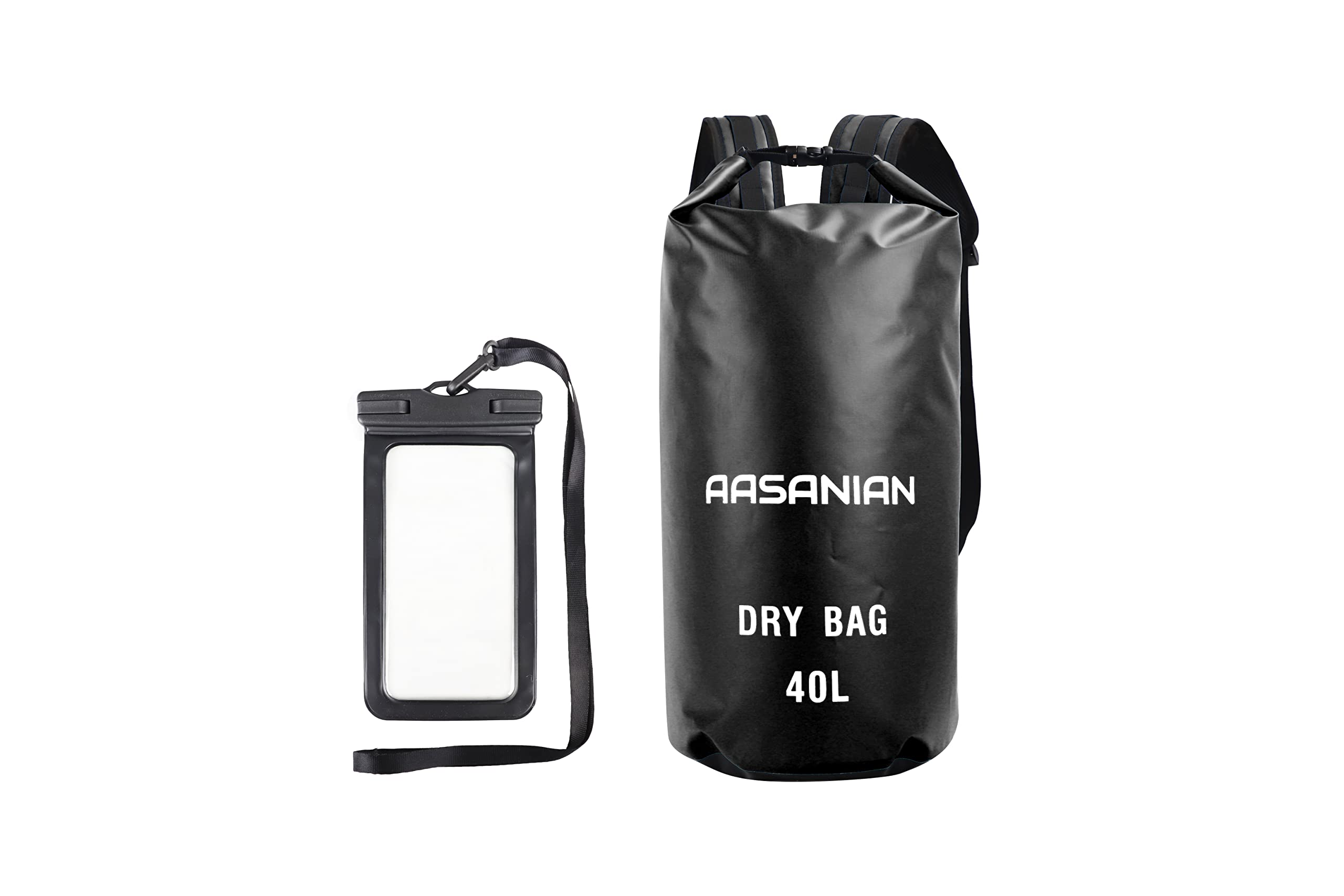AASANIAN Dry Bag, 40L Waterproof Dry Sack for Kayaking, Hiking, Fishing, Camping, & Boating, PVC Backpack with Chest Belt, Waist Belt, Two Zipper Pockets & Phone Case (Black)