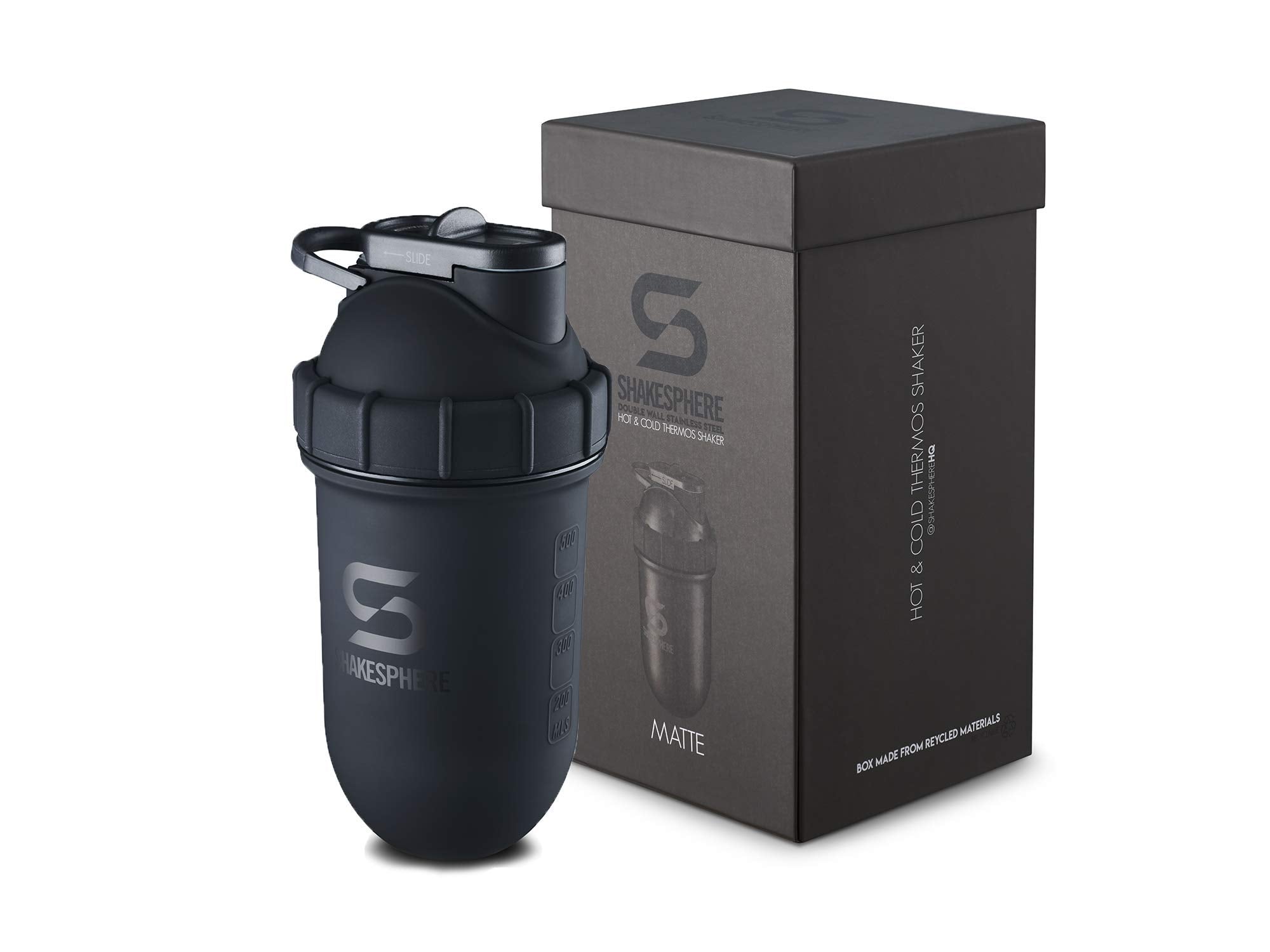 Shakesphere Tumbler Steel: Protein Shaker Bottle Keeps Hot Drinks HOT & Cold Drinks Cold, 24 oz. No Blending Ball or Whisk Needed, Easy Clean Up - BPA Free | Great for Shakes, Smoothies (Matte Black)