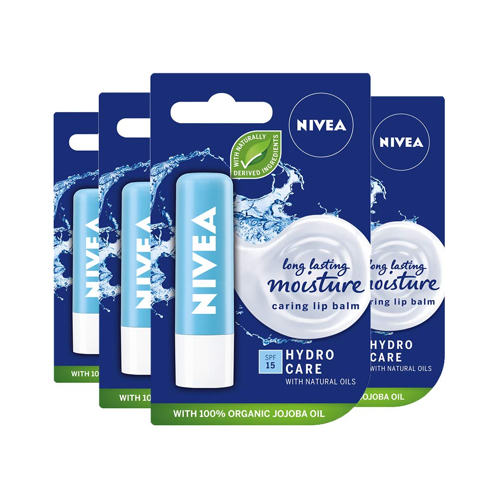 NIVEA Lip Balm Hydro Care with SPF 15 Pack of 4 (4 x 4.8g), Hydrating Lip Balm with Aloe Vera, Moisturising Lip Care with Natural Oils for 12h Moisture Care, Lip Balm SPF 15
