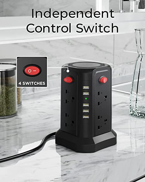 Tower Extension Lead with USB Solts, 8 Outlets and 5A 4 USB Charging Ports Surge Protected Power Strip with 5 Metre Long Extension Cord, Tower Charing Station for Home and Office