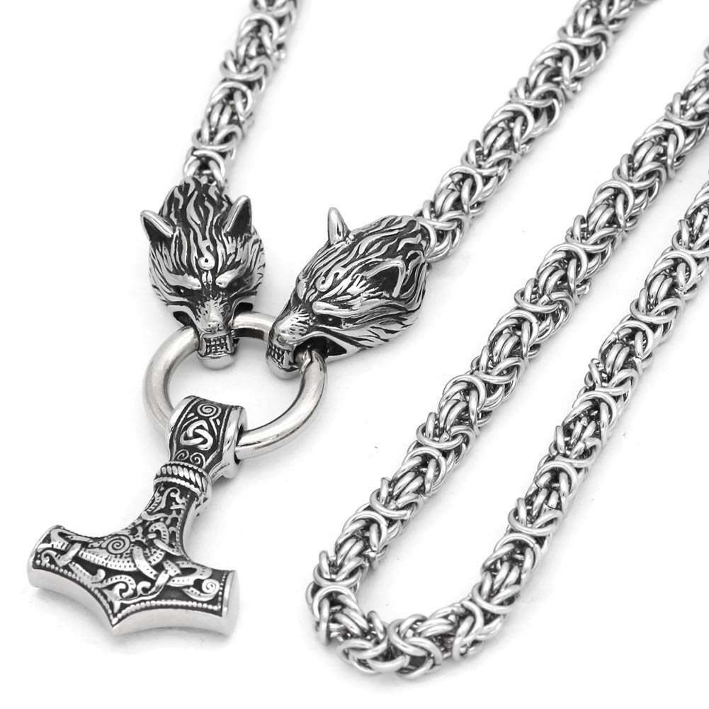 GuoShuang Mjolnir necklace viking jewellery for men wolf with Thor hammer necklace Stainless Steel Chain gift norse pendant