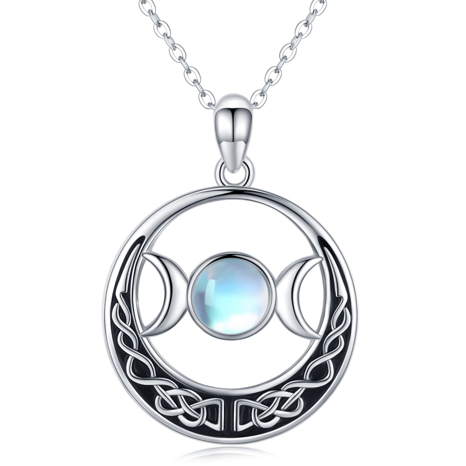 Celtic Triple Moon Goddess Necklace Pendent Sterling Silver Moonstone Pentagram Wiccan Pagan Amulet Celtic Triple Moon Goddess Jewellery Gifts for Women Girls