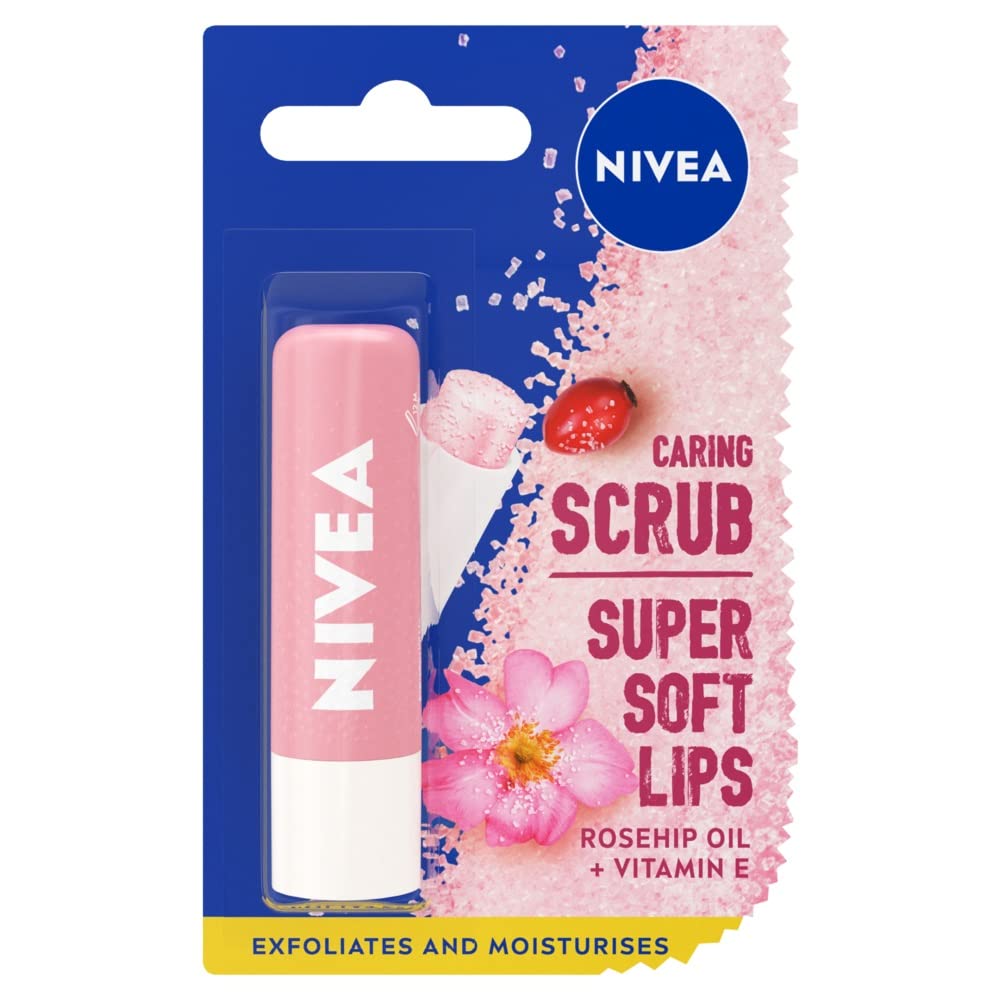 NIVEA 2 in 1 Caring Lip Scrub with Rosehip Oil (5.5ml), Lip Scrub + Vitamin E, Lip Scrub Exfoliator Stick, Lip Balm Scrub + Natural Peeling Particles, Exfoliating Effect