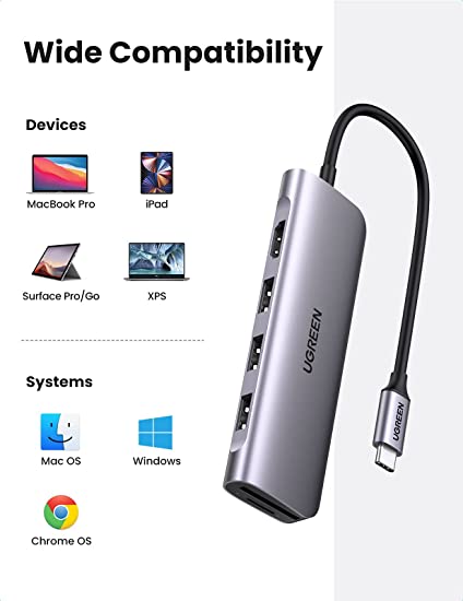 UGREEN USB C Hub, Aluminum Shell Type C Hub Multiport Adapter with 4K HDMI USB 3.0 Data Transfer, SD/TF Card Reader USB C Adapter Compatible with MacBook Air, MacBook Pro, XPS, and More