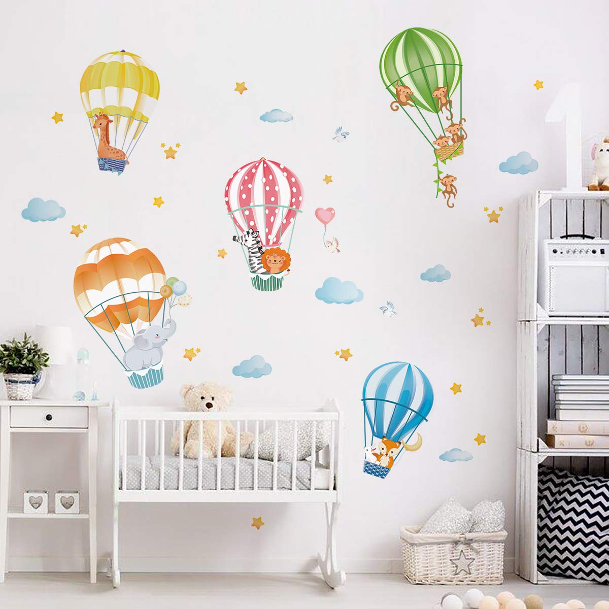 decalmile Animals in Hot Air Balloons Wall Decals Elephant Giraffe Monkey Wall Stickers Baby Nursery Kids Bedroom Playroom Wall Decor