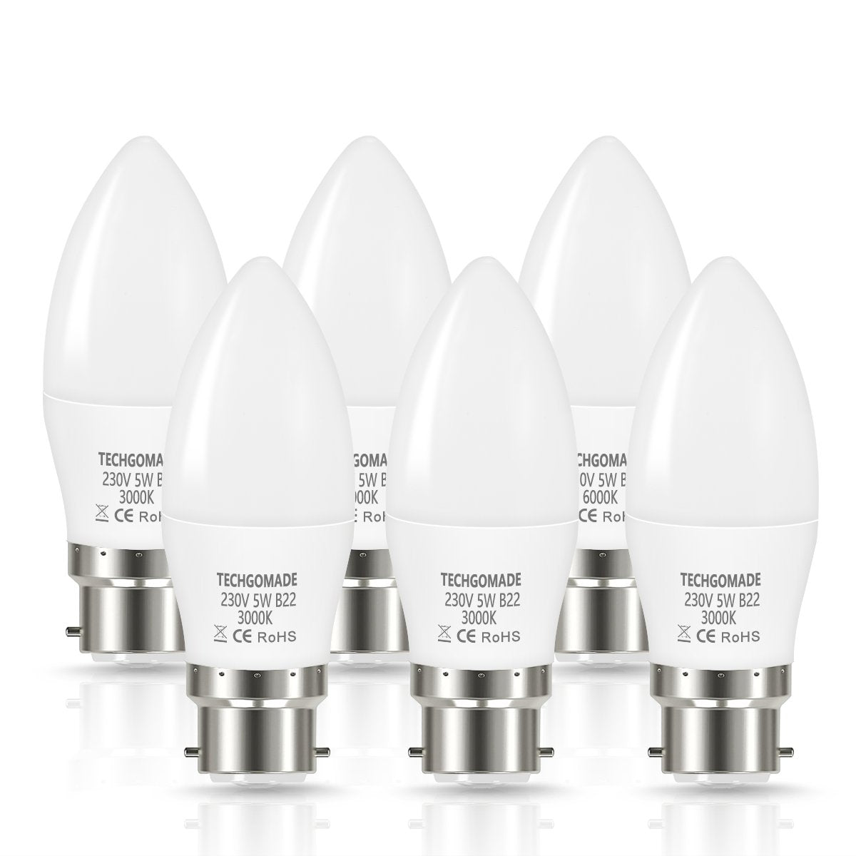 Techgomade B22 Led Light Bulb 5W (40W Equivalent), 3000K Warm White B22 Candle Bulb, Brighter 500LM C37 Bayonet Bulb, Non Dimmable, Ideal for Living Room, Dining Room, Kitchen-6 Pack