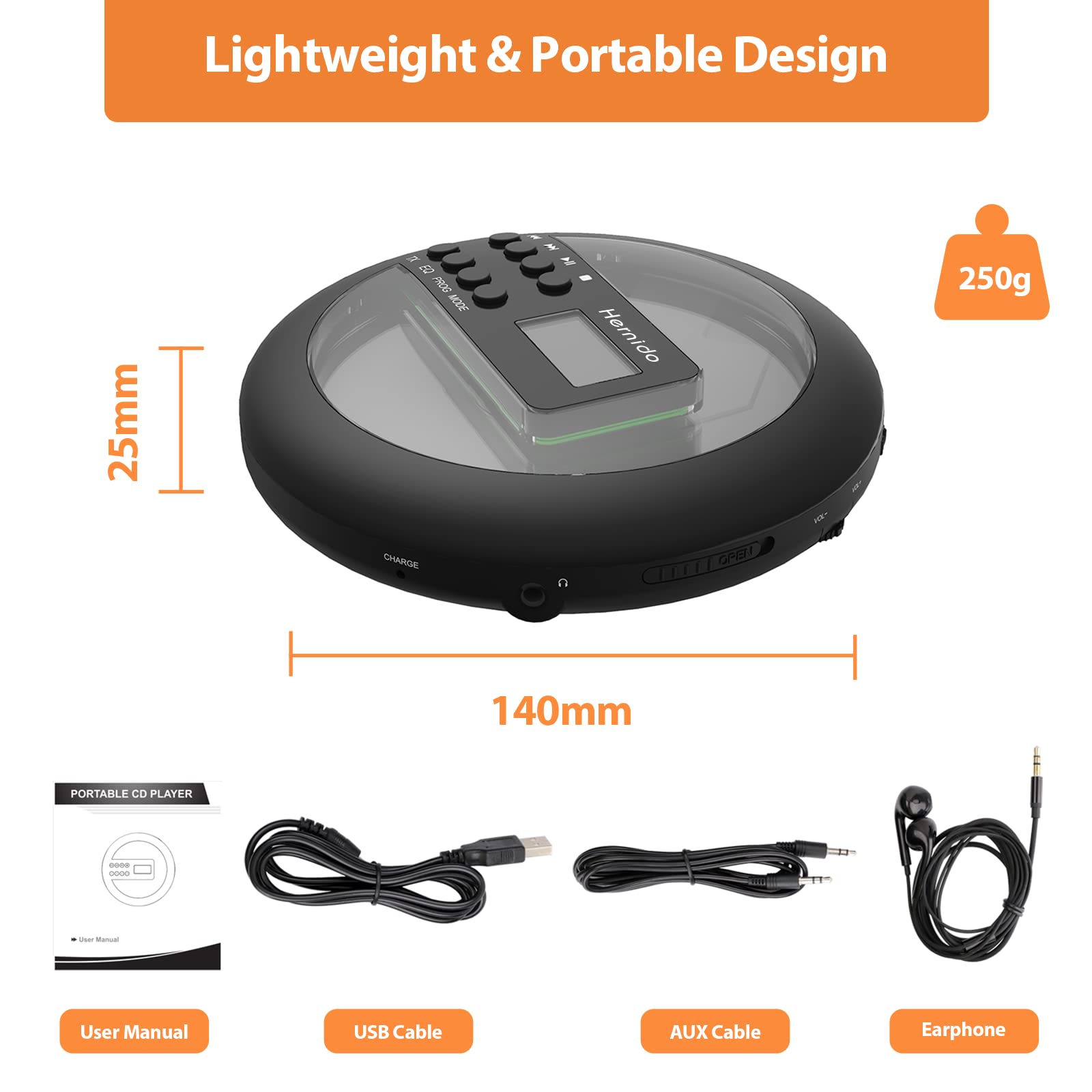 Hernido Portable CD Player for Car, Compact Disc Personal CD Player with FM Transmitter, USB Rechargeable CD Player with Headphones, Shockproof/Resume Playback Walkman CD Player