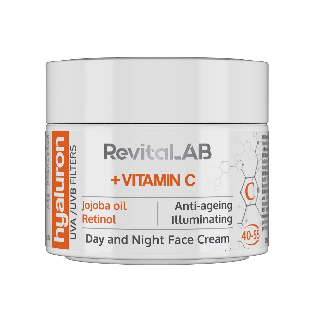 RevitaLAB Hyaluron Anti-Ageing Day and Night Cream, Enriched with Vitamins A, B3, B5, E, C, Jojoba Oil and UV Filters, for Ages 40 – 55, 50 ml