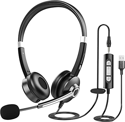 USB Headset With Microphone For Laptop, PC Headphones With Mic Noise Cancelling, Computer Headsets With In-Line Volume Control & Mute, Stereo 3.5mm Jack Super Clarity For Buisness Office Skype Zoom