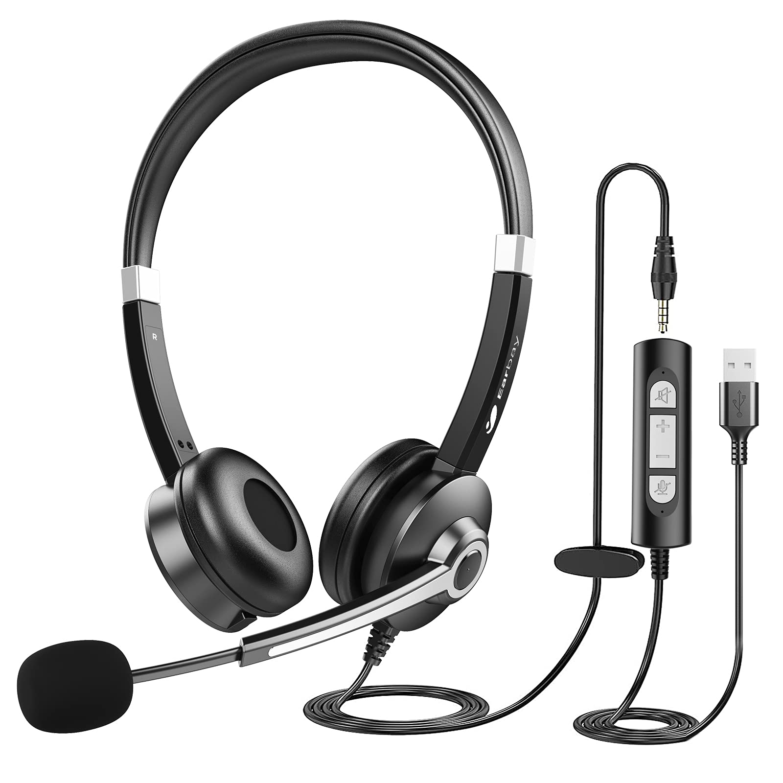 USB Headset With Microphone For Laptop, PC Headphones With Mic Noise Cancelling, Computer Headsets With In-Line Volume Control & Mute, Stereo 3.5mm Jack Super Clarity For Buisness Office Skype Zoom