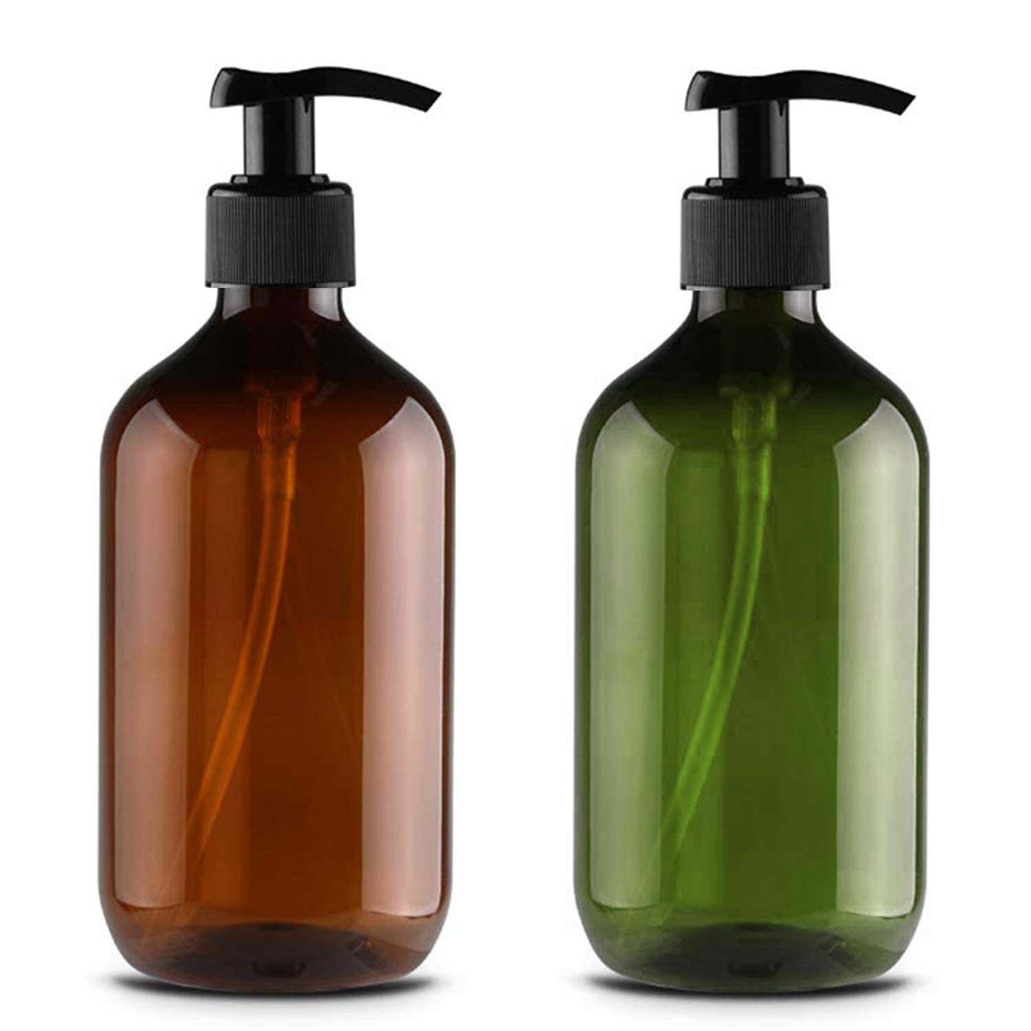 JamHooDirect 2Pcs 500ml/17oz Empty Plastic Pump Bottles, Refillable Lotion Shampoo Body Washing Cream Shower Gel Storage Holder Container Toiletries Liquid Dispenser (Brown and Green)