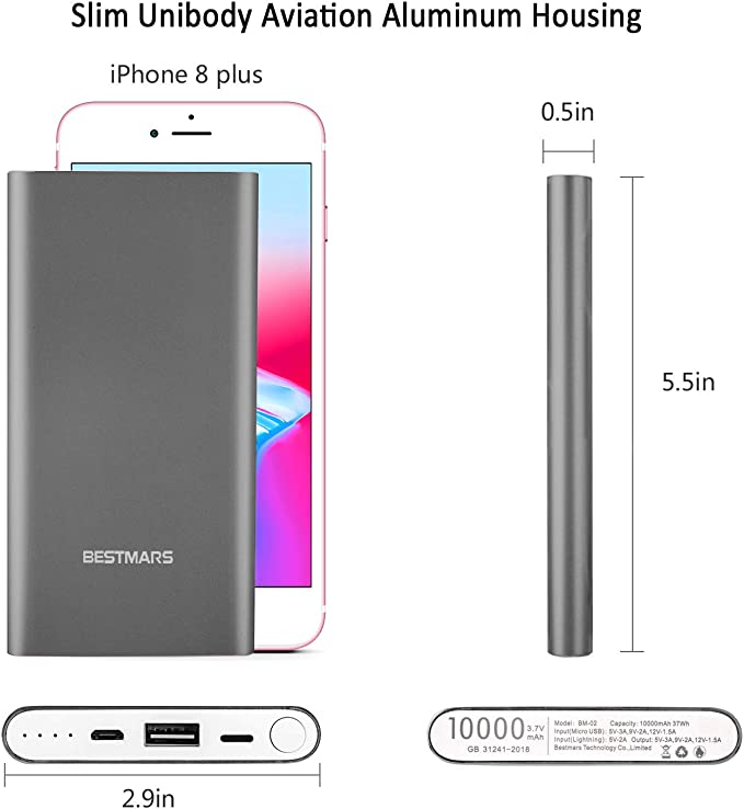 High Capacity 10000mAh Quick Charge QC 3.0 Portable Charger Fast Charging Slim Thin Ultra-Compact Power Bank Compatible For iPhone iPad Samsung Galaxy Cell phone & Google Android Smartphone Space Grey