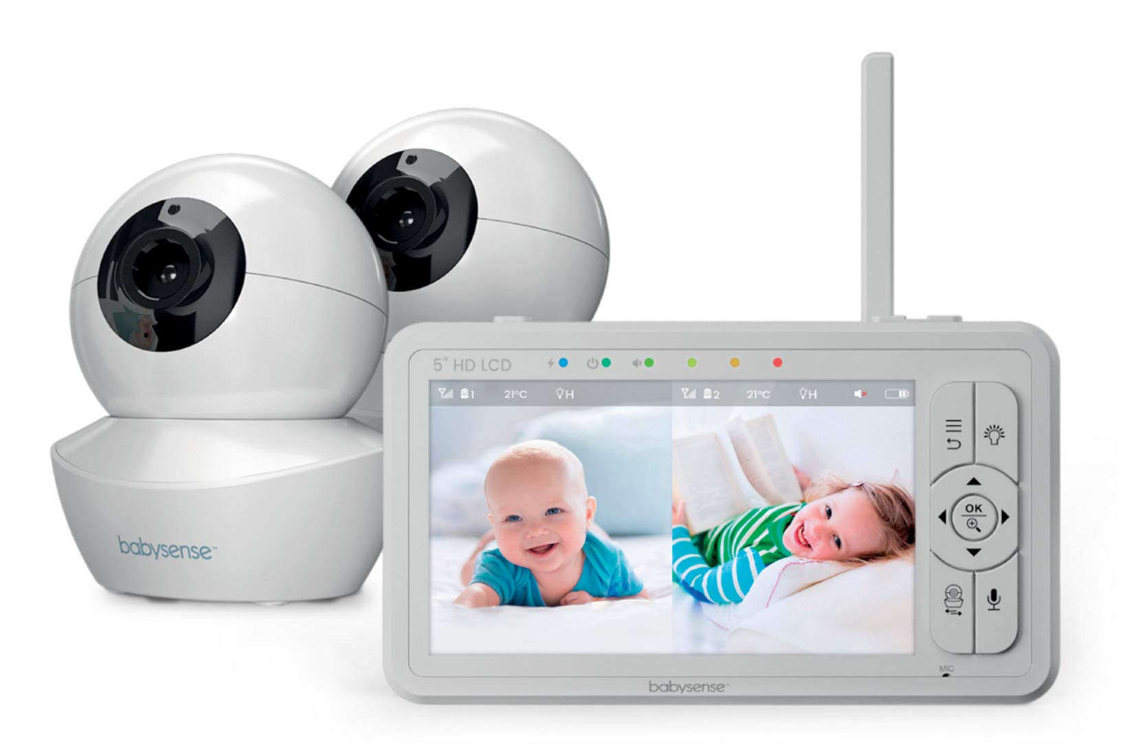 5" HD Split-Screen Baby Monitor, Babysense Video Baby Monitor with Camera and Audio, Two HD Cameras with Remote PTZ, Night Light, 300m Range, Two-Way Audio, 4x Zoom, Night Light, 4000mAh Battery