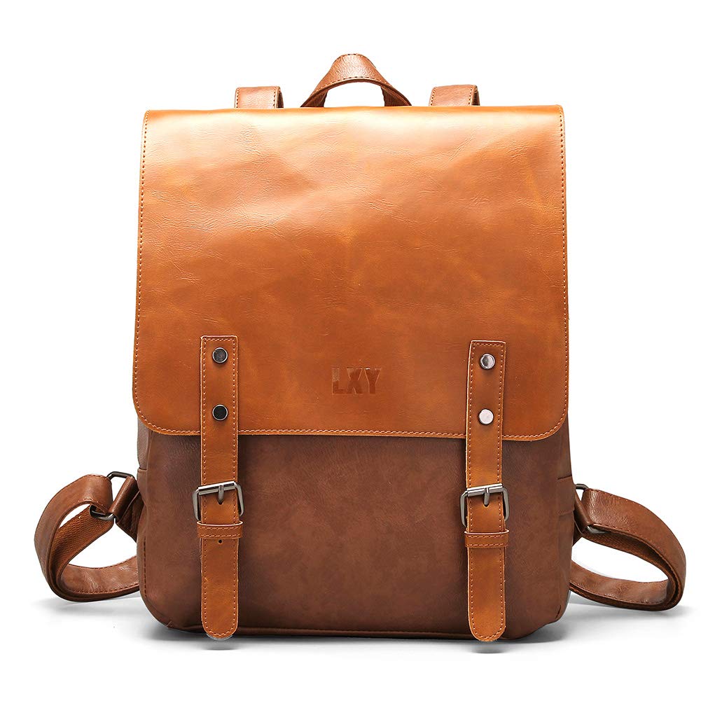 LXY Vegan Leather Backpack Vintage Laptop Bookbag for Women Men - Brown - One Size…