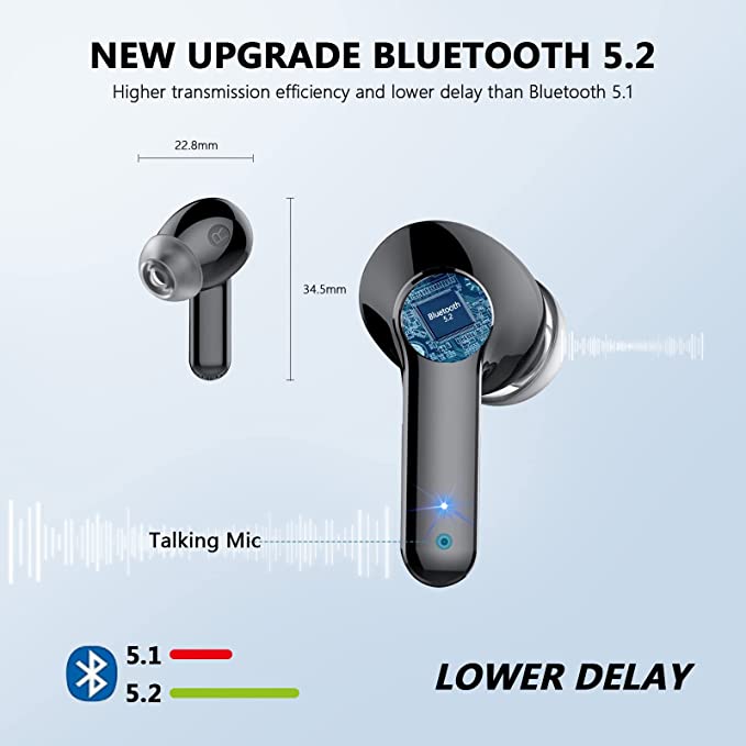 Wireless Earbuds, Bluetooth 5.2 Wireless Headphones With Mics, 48H Playtime with LED Power Display, Deep Bass, USB-C Fast Charging, Touch Control, IPX7 Waterproof Wireless Earphones for Work/Sport