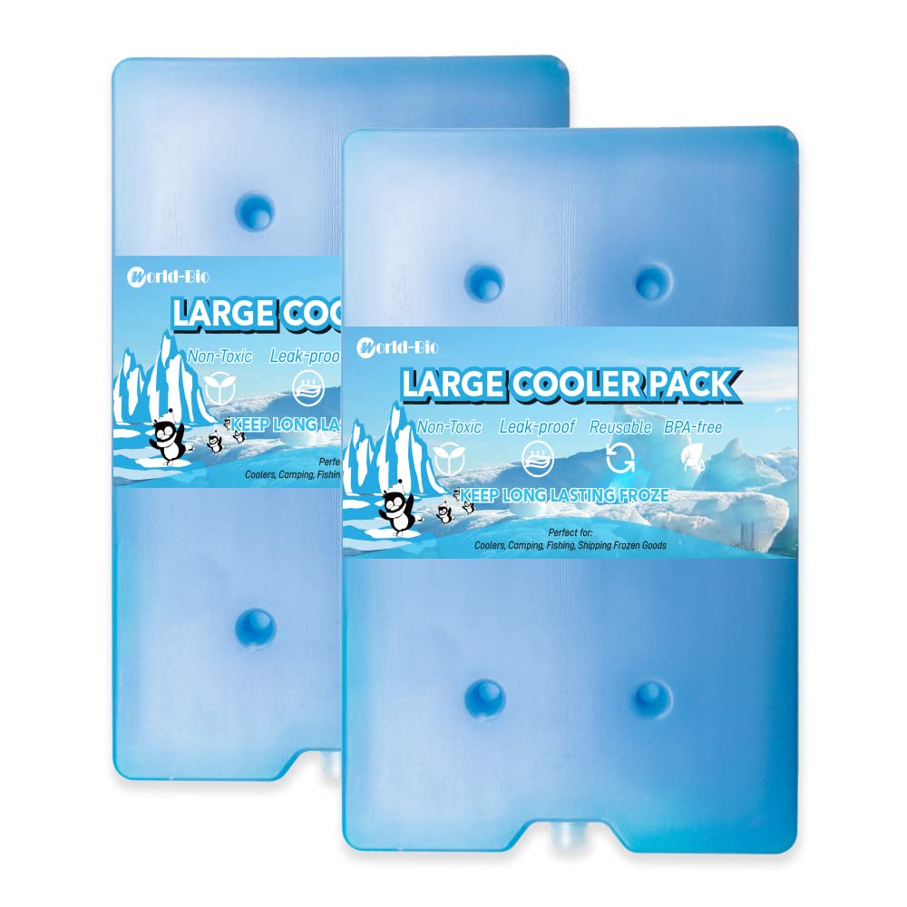 World-Bio Cold Ice Blocks Freezer Pack 2 pcs, Ice Packs for Cooler, Cool Box - Large Reusable Refreezable Freezer Blocks - Quick Freeze & Long-Lasting - Camping, Picnic, Hiking,Travel